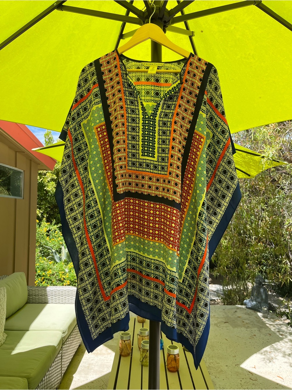 Trina Turk Multicolor Geometric Poncho Top - Navy, Lime, Rust NWOT